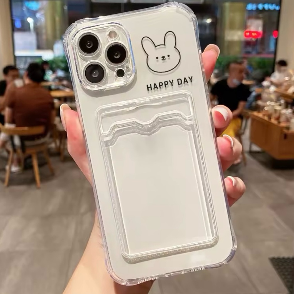 White iPhone 14 Pro Case with Card Holder and Bunny Design